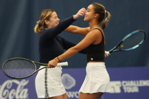 Eden Silva and Sarah Bath Grey Women's Doubles going in for a hug as they win the championship
