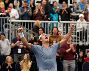 Liam Draxl celebrating his win at the Calgary National Bank Challenger Professional Tennis Tournament